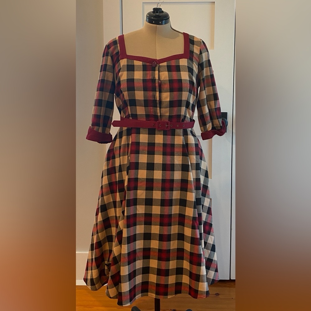 Collectif Caterina Plaid A-Line Dress with Red Accents